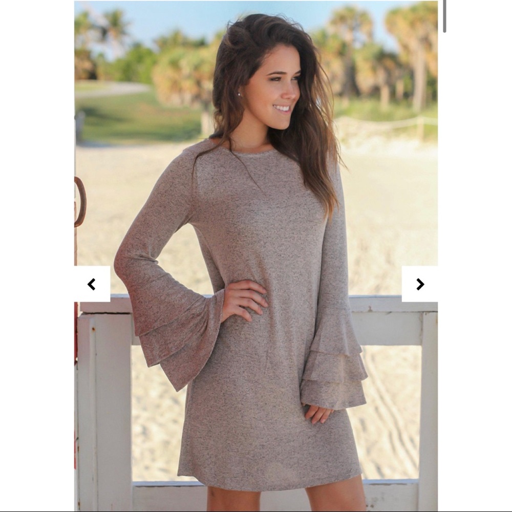 White Birch Taupe Dress with Ruffle Bell Sleeves